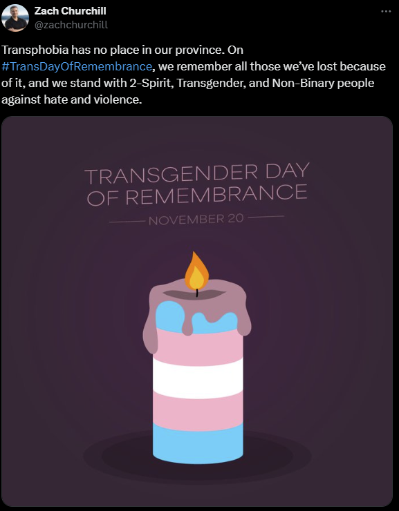 ALEdmonds's tweet image. Glad that transphobia is not condoned in Nova Scotia. I'm proud of NS for producing leaders like @TimHoustonNS, @ChenderClaudia and @zachchurchill, who stand up for what's right. Protecting the rights of trans people is protecting the rights of all people. #TransDayOfRemembrance