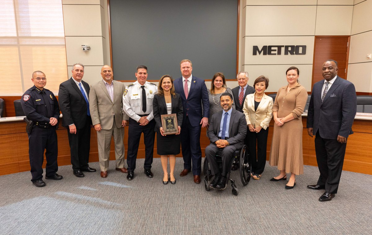 METROHouston's tweet photo. METRO would like to extend a special thanks to @HoustonFire Chief Thomas Muñoz and Marty Lancton, President of @FirefightersHOU for attending today's board meeting. The Board was presented a plaque for METRO's mobility support for the funeral of fallen firefighter Marcelo Garcia. https://t.co/TsjXnGEQdW