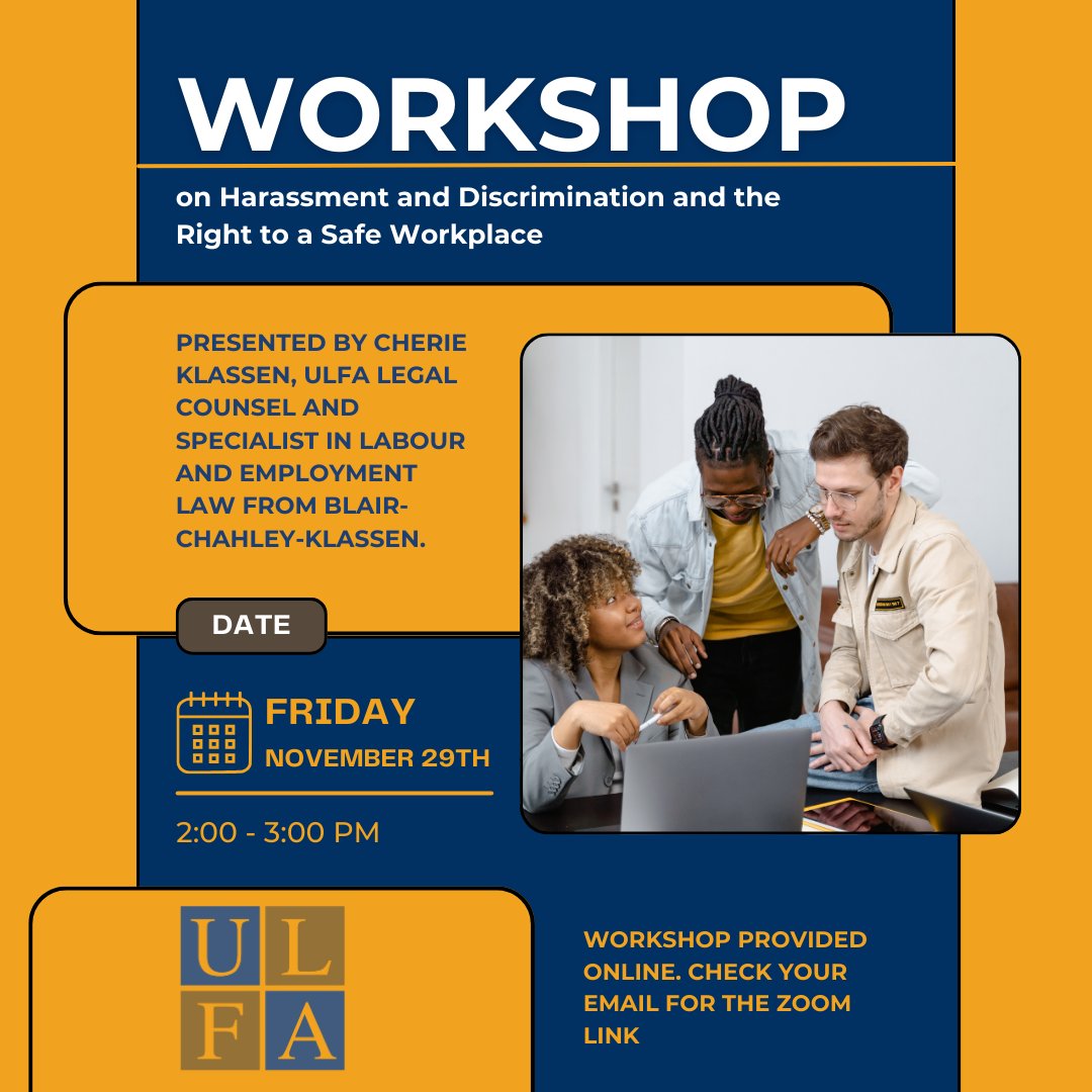 Learn about your workplace rights! Join Cherie Klassen for a workshop on Harassment and Discrimination 🛡️
📅 Nov 29th | 🕑 2:00 PM
Check your email for the Zoom link!