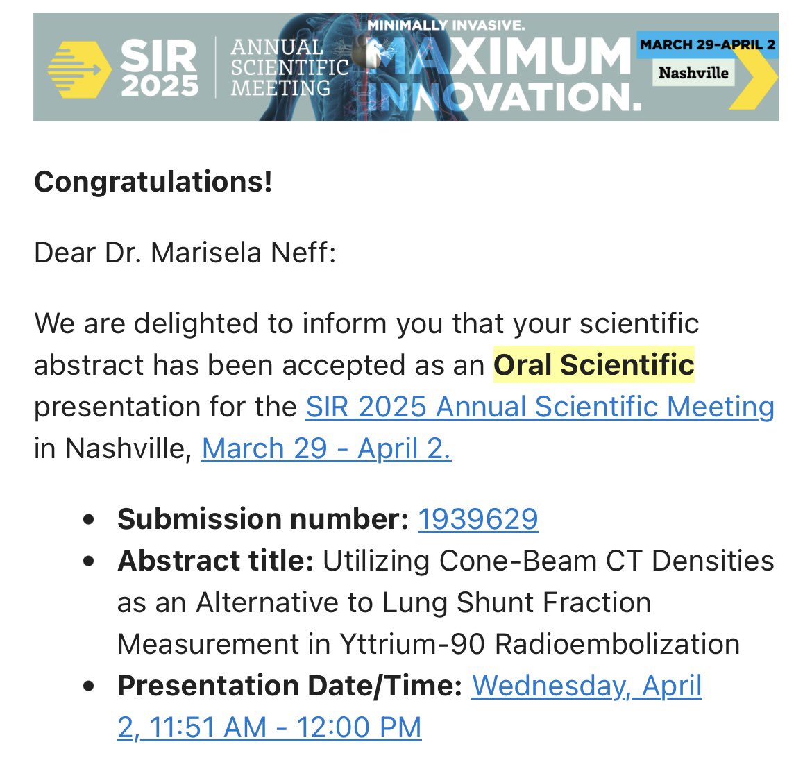 Marisela Neff (@mariselaneff) on Twitter photo So excited to be presenting at SIR 2025! I've loved working on this project with amazing mentors and I cannot wait for my first ever IR conference!
#SIR25NASH #IRad <a href="/SIRspecialists/">Society of Interventional Radiology</a> So excited to be presenting at SIR 2025! I've loved working on this project with amazing mentors and I cannot wait for my first ever IR conference!
#SIR25NASH #IRad <a href="/SIRspecialists/">Society of Interventional Radiology</a>