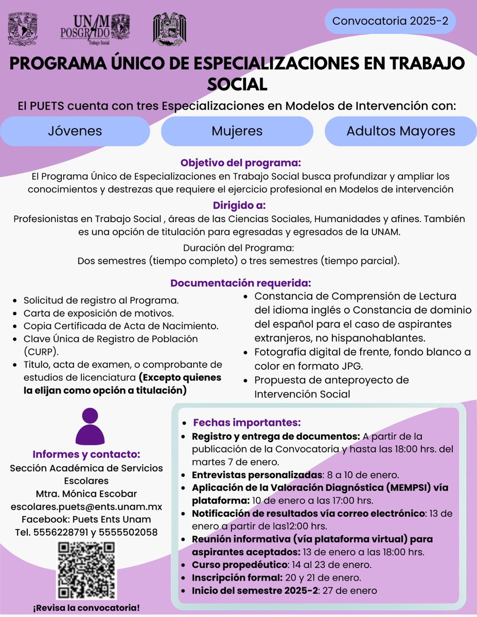 UNAM_FCPyS's tweet photo. Programa Único de Especializaciones en Trabajo Social

Modelos de intervención con
❤️ Jóvenes
🧡 Mujeres
💛 Adultos Mayores

📧Informes con la Mtra. Mónica Escobar en escolares.puets@ents.unam.mx

|| #PUETS #UnaGranUniversidad #UNAM https://t.co/auddGIo11j