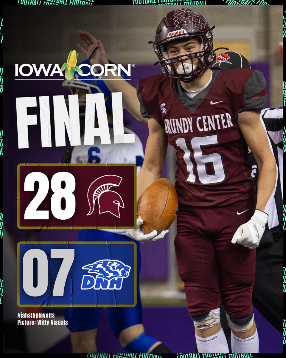 Bound_IA's tweet photo. 𝐓𝐇𝐑𝐄𝐄-𝐏𝐄𝐀𝐓 𝐂𝐎𝐌𝐏𝐋𝐄𝐓𝐄𝐃

Grundy Center football is a thing of beauty.

The Spartans take down rival Dike-New Hartford to win their third straight title 🔥

#iahsfb https://t.co/O98FjktSh2