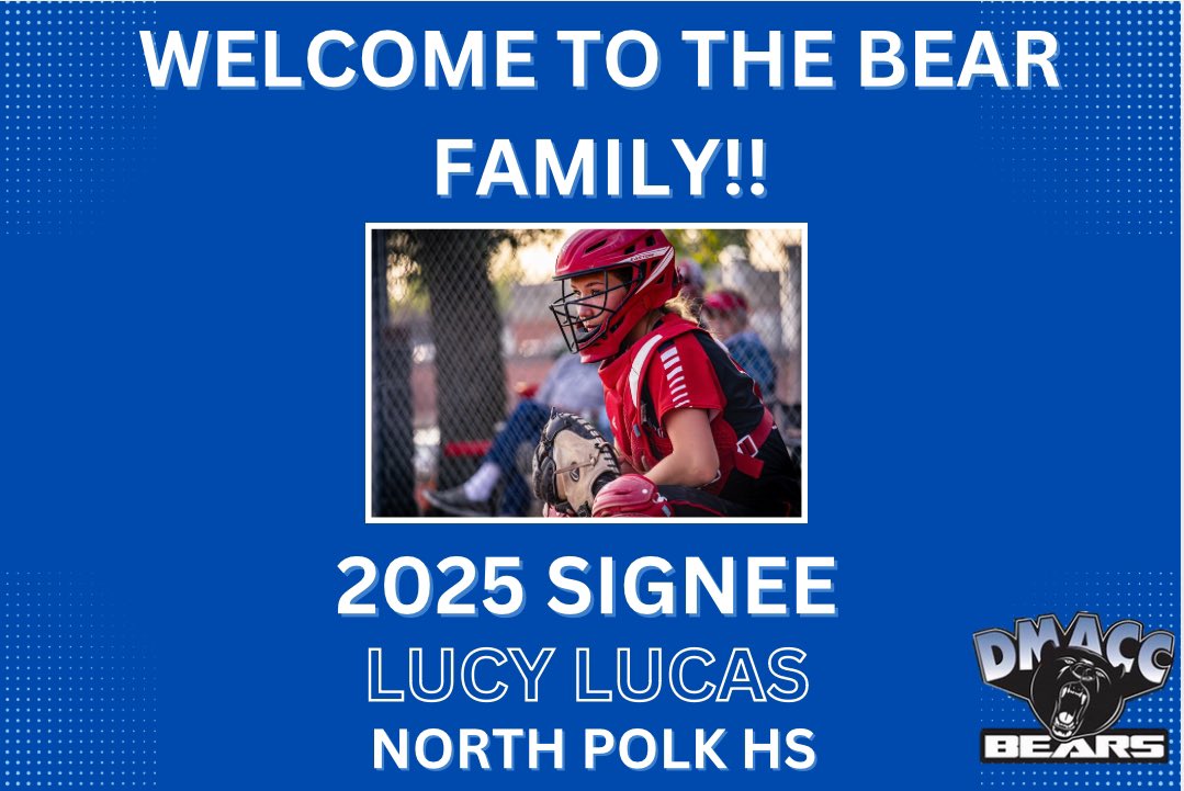 DMACC Softball (@dmaccsoftball) on Twitter photo ‼️WELCOME TO THE FAMILY‼️
Lucy Lucas has officially signed to be a Bear! Lucy is a catcher from Polk City, IA. We can’t wait to have her on campus!
#GoBears🐻🥎
<a href="/BobLigouri/">Bob Ligouri</a> ‼️WELCOME TO THE FAMILY‼️
Lucy Lucas has officially signed to be a Bear! Lucy is a catcher from Polk City, IA. We can’t wait to have her on campus!
#GoBears🐻🥎
<a href="/BobLigouri/">Bob Ligouri</a>