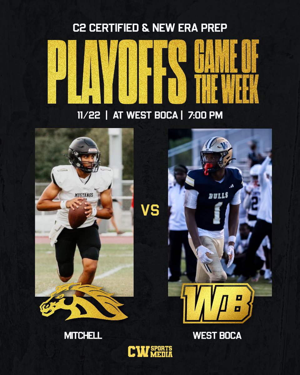 New Era Prep (@eraprep) on Twitter photo New Era Prep Playoff GOTW‼️
(11-0) <a href="/WestBocaBullsFB/">West Boca Raton Football</a> 🐂 vs. (11-0) <a href="/MitchellHSFB/">JWMHS Mitchell FB</a> 🐎
Tune in for live game updates! New Era Prep Playoff GOTW‼️
(11-0) <a href="/WestBocaBullsFB/">West Boca Raton Football</a> 🐂 vs. (11-0) <a href="/MitchellHSFB/">JWMHS Mitchell FB</a> 🐎
Tune in for live game updates!