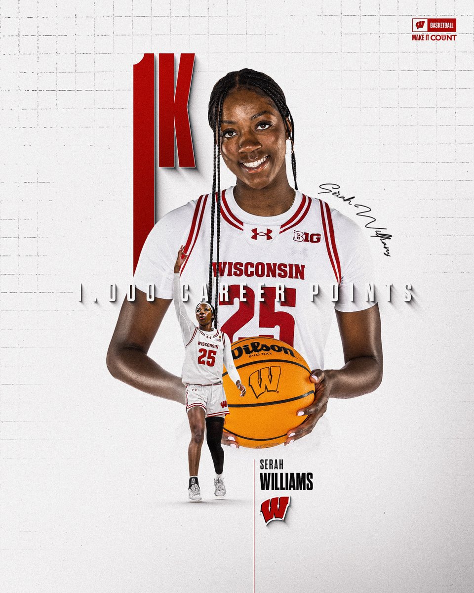 Wisconsin Women’s Basketball (@badgerwbb) on Twitter photo Huge congrats to <a href="/SerahWilliams25/">Serah Williams</a> for reaching 1,000 points!
She’s now the 29th Badger to hit this milestone, and is tied for the third quickest to do so!
#OnWisconsin Huge congrats to <a href="/SerahWilliams25/">Serah Williams</a> for reaching 1,000 points!
She’s now the 29th Badger to hit this milestone, and is tied for the third quickest to do so!
#OnWisconsin