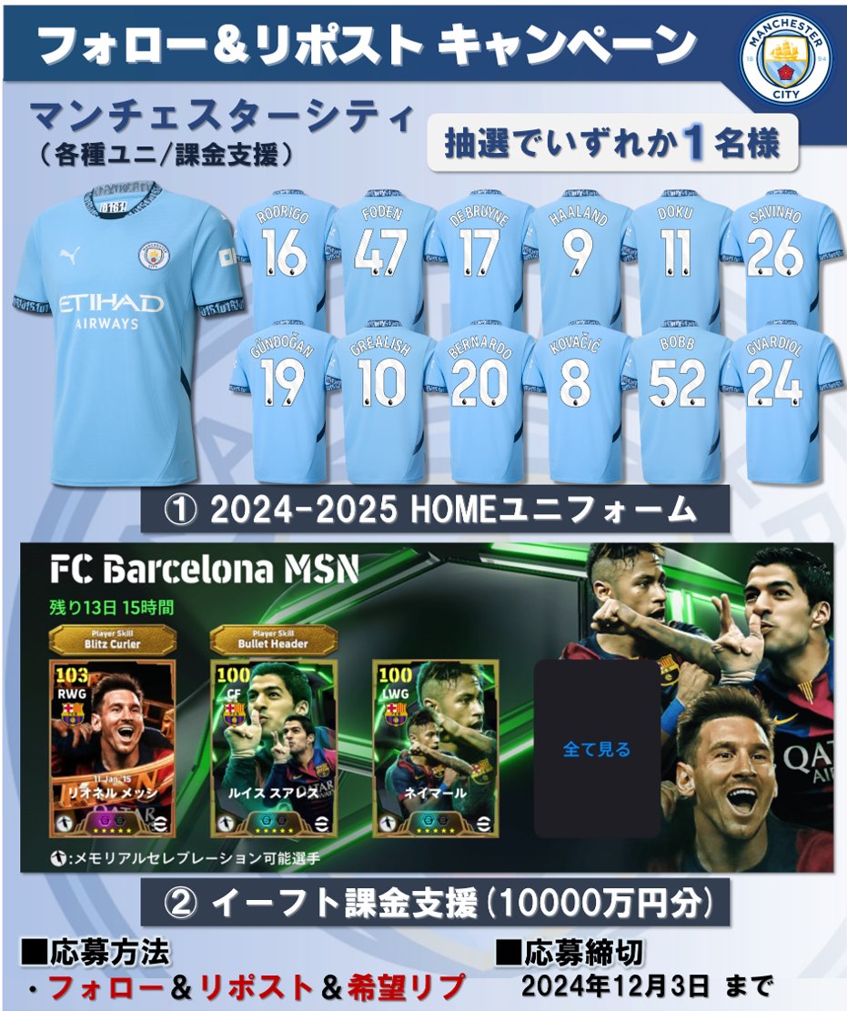 mancity_pre's tweet photo. 👑#マンチェスターシティ 企画13👑
お待たせしました！

🎁内容
① 2024HOMEユニフォーム
② イーフト課金支援(PayPay等でも可)

☑応募方法
・@mancity_preをフォロー🔥
・この投稿をリポスト🔥
・希望をリプ（任意）

📅締切
12/3頃

#eFootball2025
#イーフト支援 https://t.co/Iyjv4SnjTU