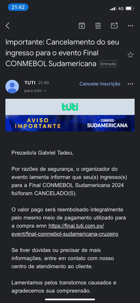 gaabrieltadeu's tweet image. cancelaram meu ingresso, @Cruzeiro @SudamericanaBR !!! Em um grupo aqui já tem mais de 20 pessoas alegando a mesma coisa! Vocês tem que resolver isso AGORA!!!!!