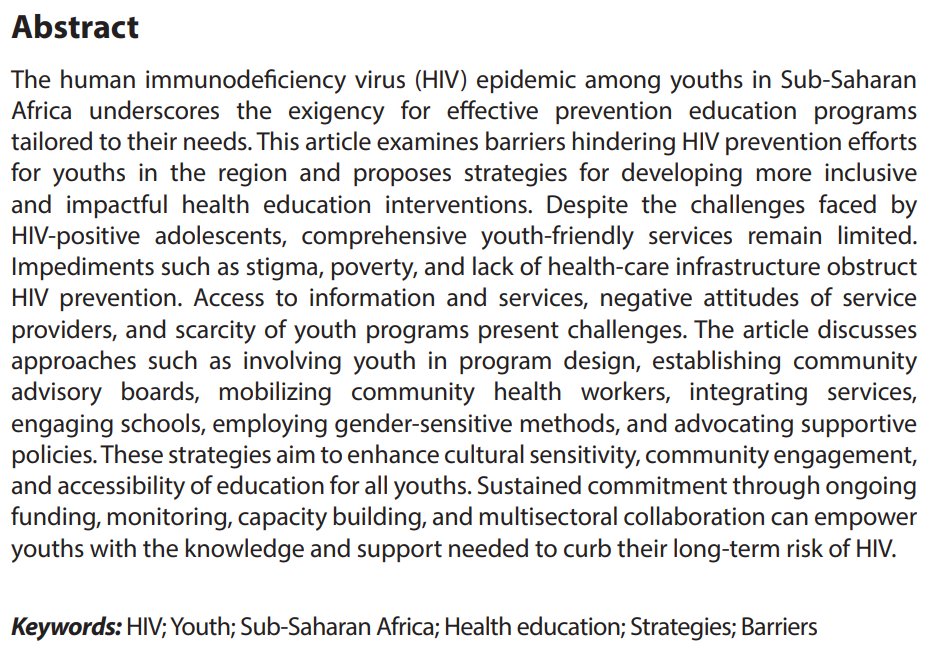 GHES_ASP's tweet image. 😊 Call for Reading!
📜 Combating HIV among youths in Sub-Saharan Africa through inclusive health education
👥 Ibrahim Khalil Ja'afar, Usoro Udousoro Akpan
✨ doi.org/10.36922/ghes.…