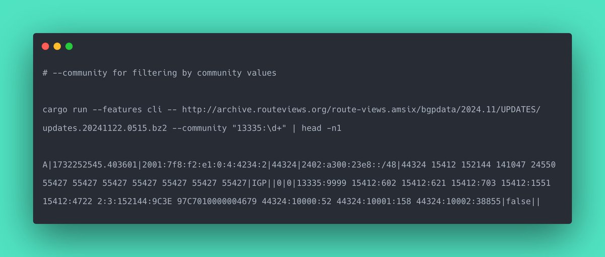 bgpkit-parser community value filtering support coming soon. Supports filtering regular, large, or extended communities. Filtering by community will also be integrated to monocle when it lands.