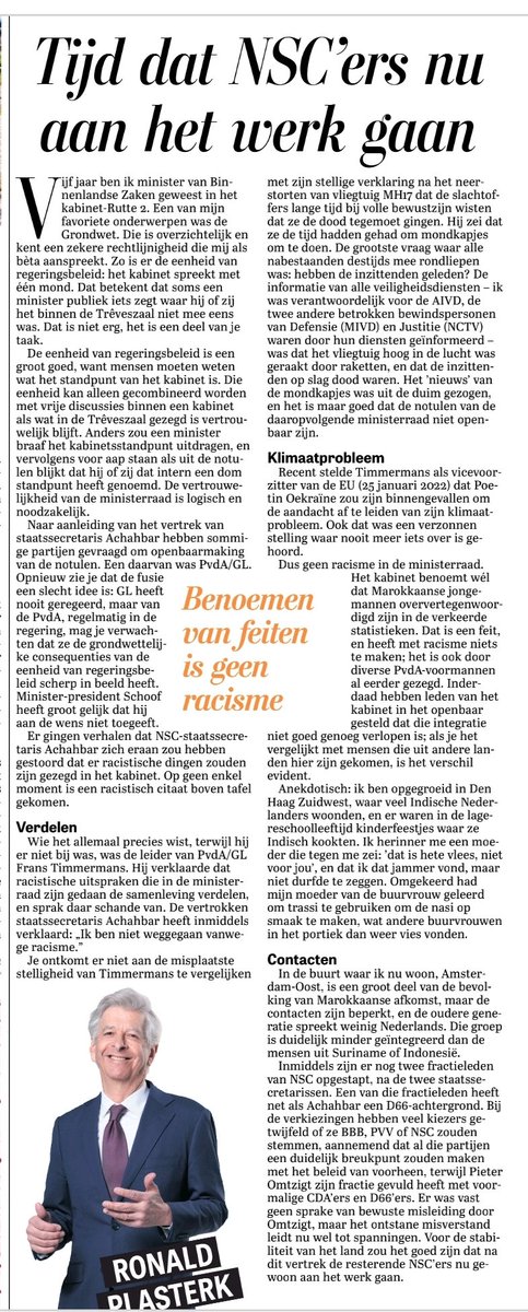rkemp59's tweet photo. Topcolumn van @RPlasterk 
Benoemen van feiten is geen racisme 

Je ontkomt er niet aan de misplaatste stelligheid van Timmermans te vergelijken met zijn stellige verklaring na het neerstorten van MH17 🔥 https://t.co/oD5mN9nphA