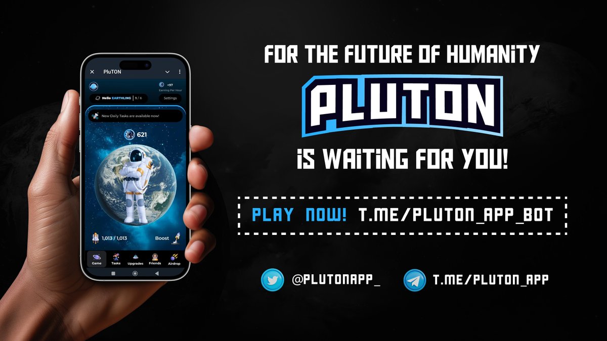 PlutonAIHQ's tweet photo. Humanity’s Last Hope: #Pluton! 🌌 Don’t wait any longer—begin your journey today! 🚀

💰 Tap to earn points!
✅ Complete daily missions for bonus rewards!
⏳ Upgrade your hourly earnings with awesome items!
👫 Invite your friends to join the adventure!

🔥 Remember, you earn points not only from your invites but also from theirs!

What are you waiting for? Let’s start playing! https://t.co/2M7dK5gJTH 🌟