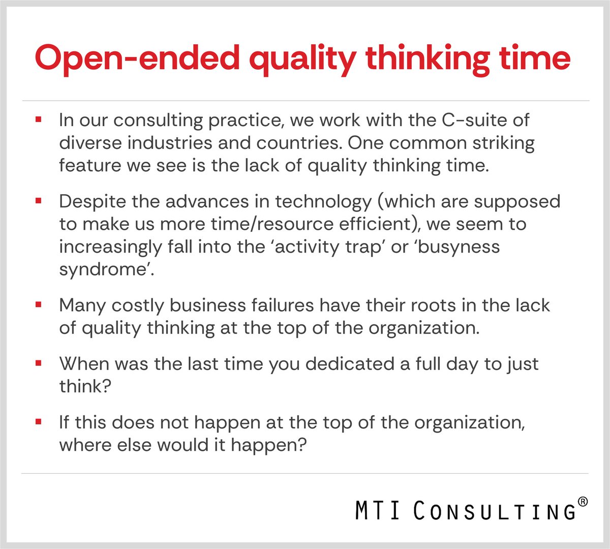 mtiworldwide's tweet image. Open-ended quality thinking time

Learn more about MTI’s Thought Leadership:  mtiworldwide.com/media-thought-…  

#MTIConsulting #MTIStrategicReflections #QualityThinking #TimeManagement #LeadershipDevelopment