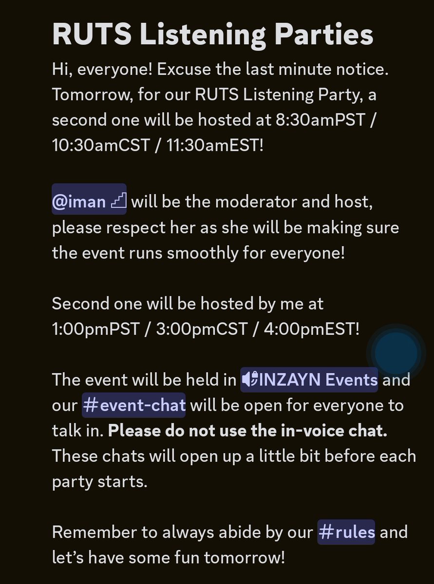 WayneBarryBaby's tweet photo. RUTS Listening Party Announcement via Zayn's Discord Channel. 

#ZAYN 
@zaynmalik 
@inZAYN https://t.co/qpIfF2qZnj