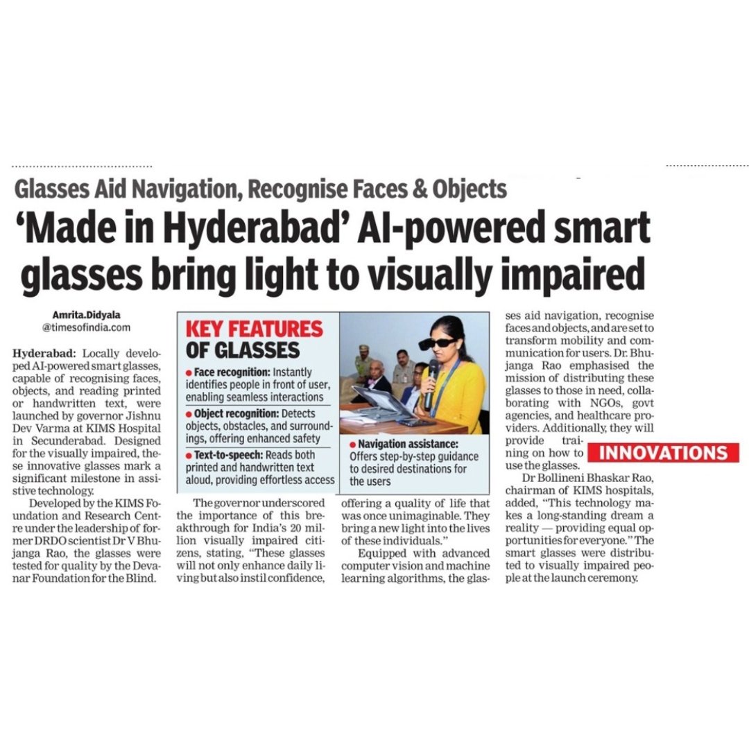 kimshospitals's tweet image. KIMS Foundation &amp;amp; Research Centre (#KFRC) has unveiled #AI-powered #SmartGlasses for the #VisuallyImpaired. These revolutionary glasses were officially launched by Hon'ble #GovernorOfTelangana - Shri Jishnu Dev Varma, with Dr. B. Bhaskar Rao (Our Chairman &amp;amp; Managing Director).