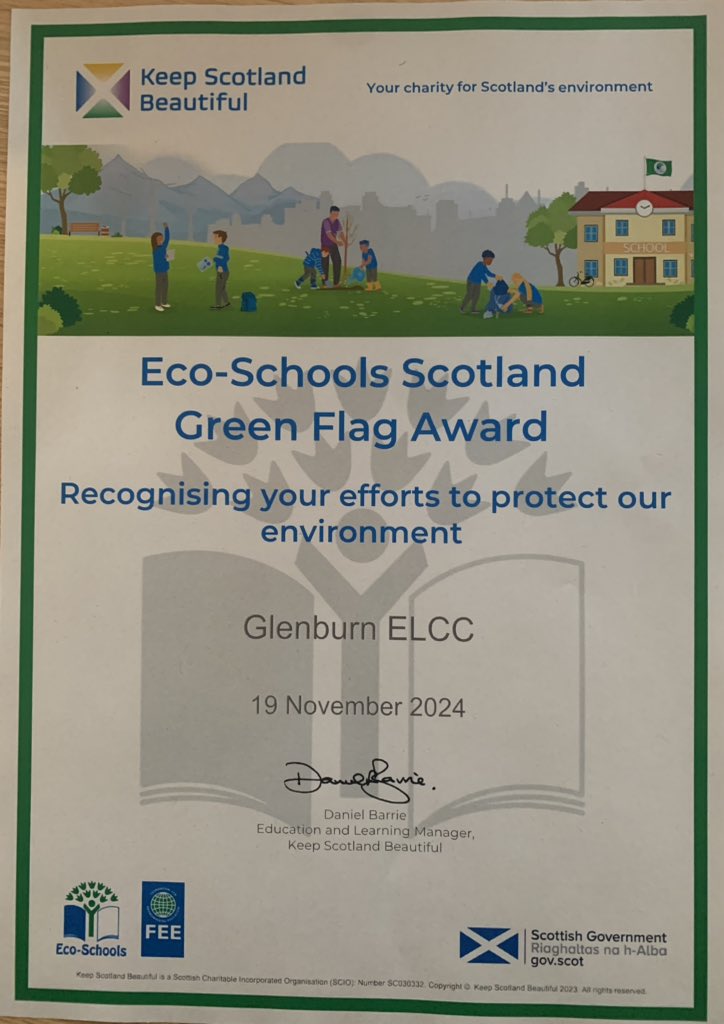 So proud that Glenburn ELCC has received their Green Flag Award this week 💚 thank you to all our staff, children and families who continue to support us with our initiatives 😊 #keepscotlandbeautiful