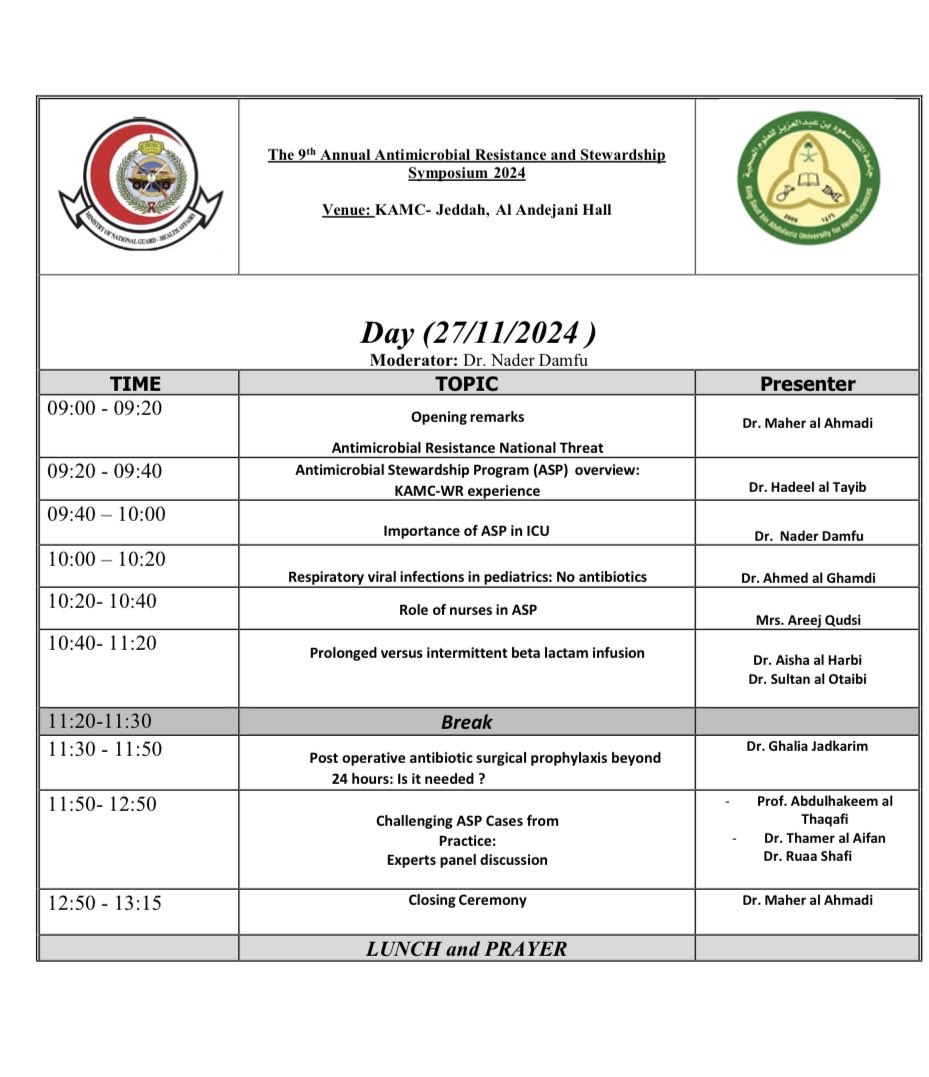 Dr_NaderDamfu's tweet photo. You are all welcome to attend our 9th Annual Antimicrobial Resistance and Stewardship symposium (on-site) on 27th of Nov, in King Abdulaziz Medical City-Jeddah. Where various informative and interesting topics are going to be presented by our expert and distinguished speakers. https://t.co/t6w17QMIPD