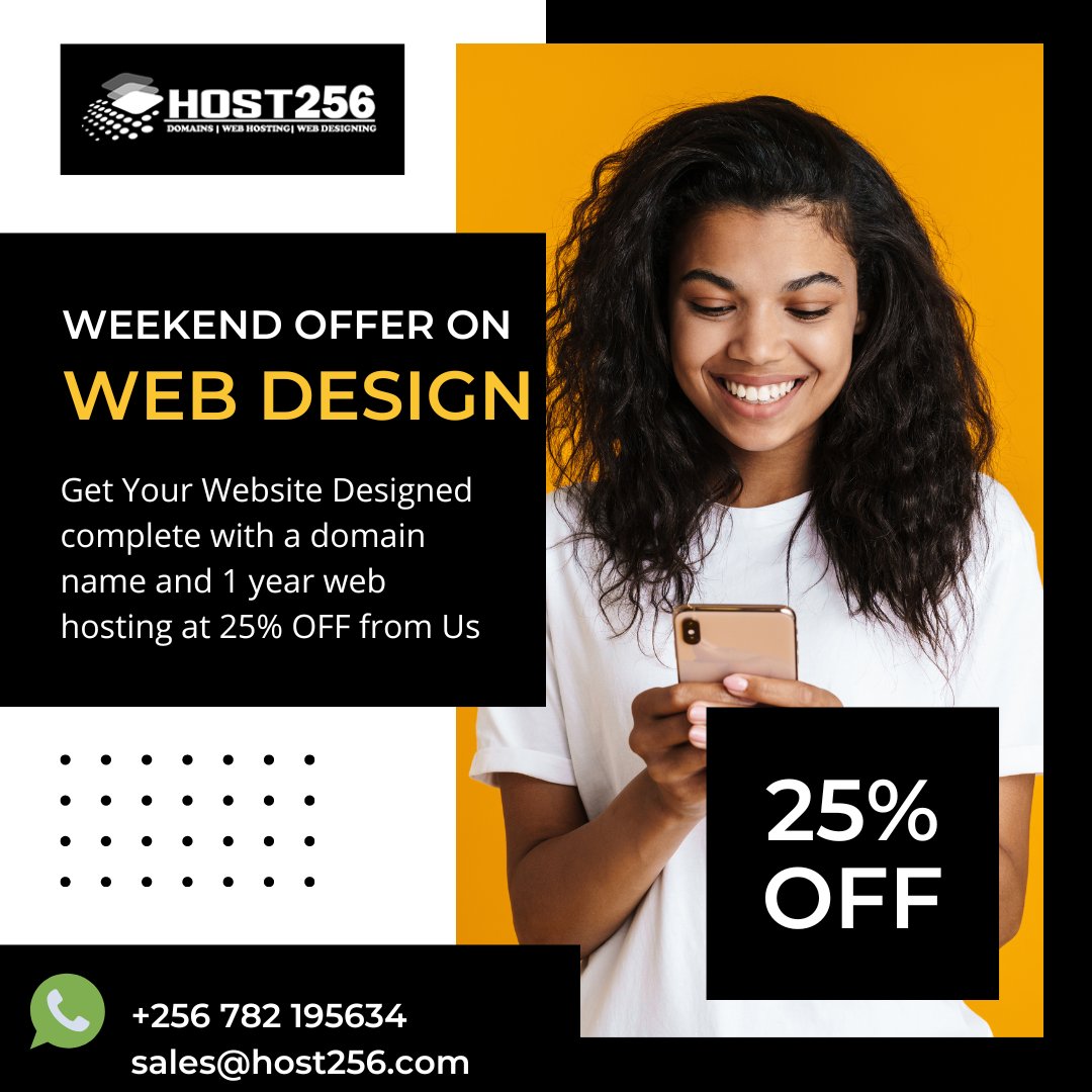 Host256's tweet photo. Get Your Website Designed this Weekend at 25% OFF on all our Website Design Packages
These come with a Domain Name, Custom Emails & 1 Year Web Hosting
Whatsapp +256782195634 or DM @Host256
#Host256 https://t.co/zSfBH0G9X2