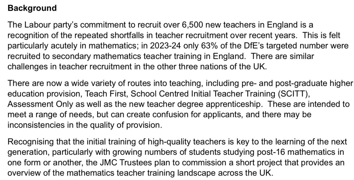 The trustees of the JMC are seeking expressions of interest to undertake a piece of work that will explore maths teacher recruitment. 

Further details here:

jmc.org.uk/wordpress-cms/…