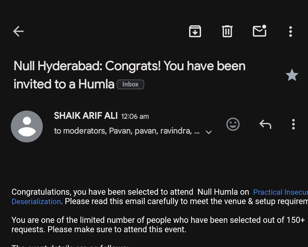 divyesh_patro's tweet photo. I will be attending Null Hyderabad Humla event excited to get hands on experience on  Insecure deserialization thanks @ShaikArifAli1 for the invite 
#NullHyd #NullHumla https://t.co/zjcVqsXrdr