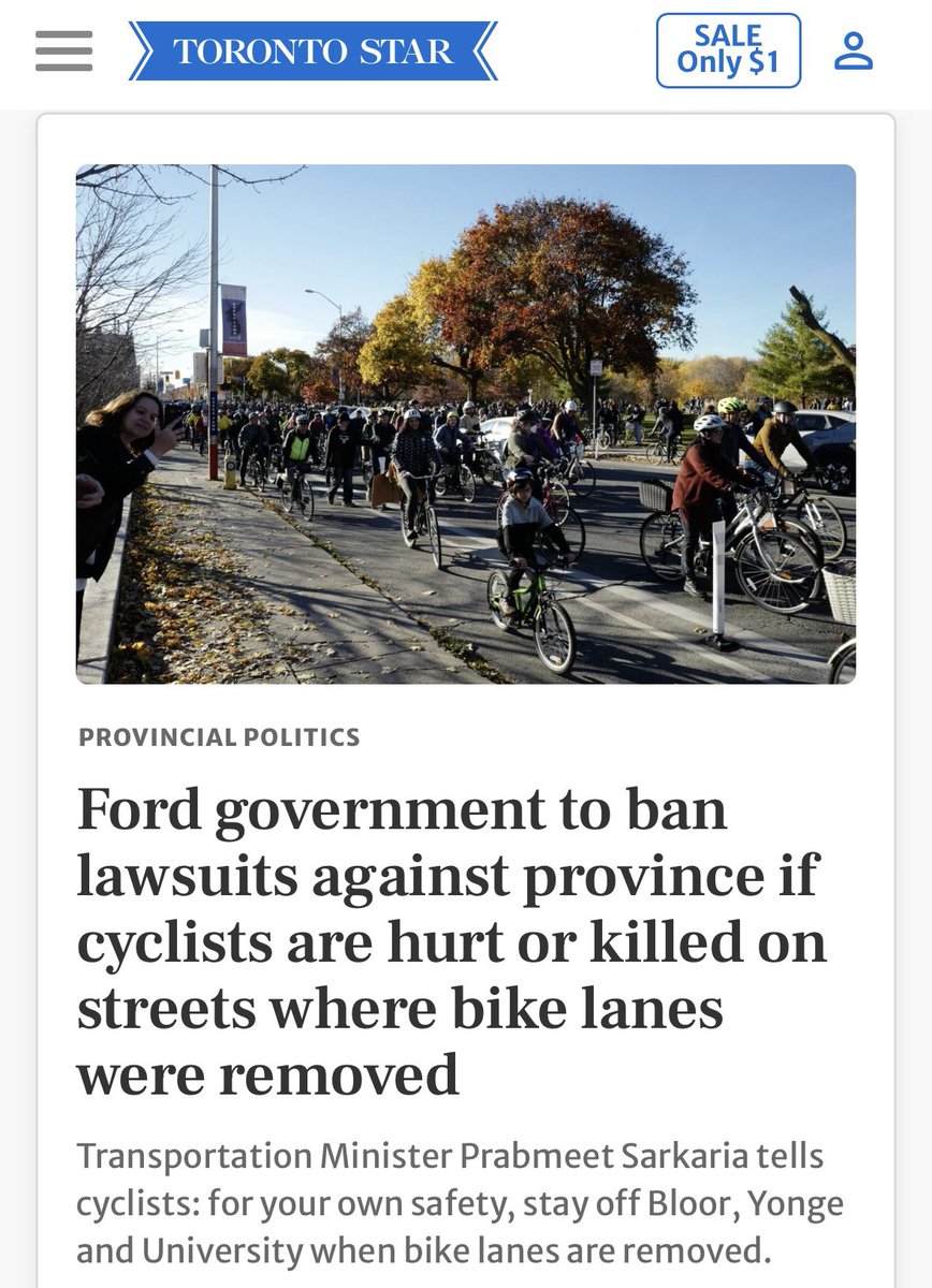 SHOCKING: This is blatant life endangerment thru dangerous public policy I wouldn’t have thought possible until recently. In Ontario the Doug Ford Govt plans to BAN LAWSUITS against the Province WHEN people on bikes are hurt or killed after they rip out safe bike-lanes. “Stay off