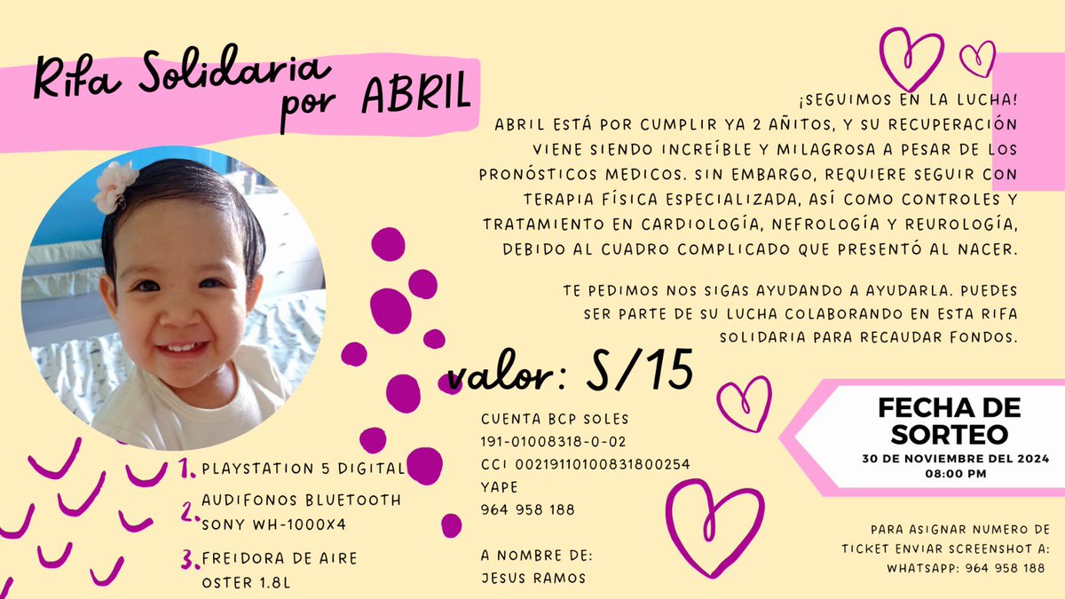 ticnt_'s tweet photo. Papás están sorteando un play station 5 para salvar a su pequeña que cumplirá 2 años. 

Nació con muchos problemas, desde infecciones bacterias a un tema encefálico.

Pueden donar a yape: 964 958 188
O colaborar con una rifa, es urgente.

Lima - ayuden a que salga de esto https://t.co/ETJxpIhA1E