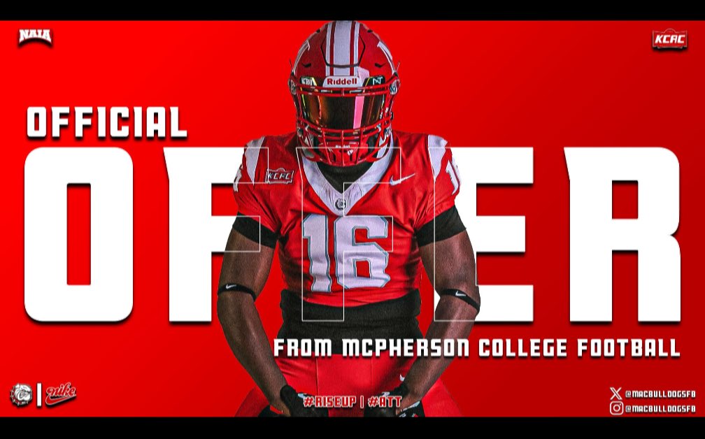 Grateful to receive an offer from <a href="/MACBulldogsFB/">McPherson Football</a> !! Thank you to Coach <a href="/CoachLeppke/">Mitch Leppke</a> for this opportunity.

<a href="/CoachKRocheford/">Kenton Rocheford</a> 
<a href="/_Tpope16/">Taylor Pope</a> <a href="/JamesDockery31/">Coach Doc V</a> <a href="/MatthewCantu61/">Matthew Cantu</a> <a href="/NickXalis/">NickXalis</a> <a href="/SteveEscobedo12/">Steve Escobedo</a> <a href="/MichaelKarls/">Michael Karls</a> <a href="/CervelloCharles/">coach_chuck</a>