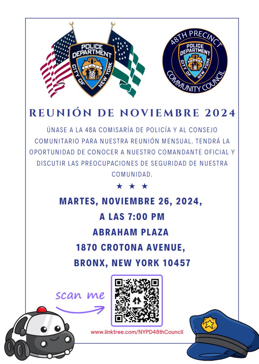 The 48th Precinct Community Council November 2024 meeting will be held on November 26, 2024, at 7 PM at the Abraham Plaza Apartments at 1870 Crotona Avenue. Please see the flyer for more details. Please invite and share with your networks in the community.

<a href="/NYPD/">New York Publishing Depot</a>