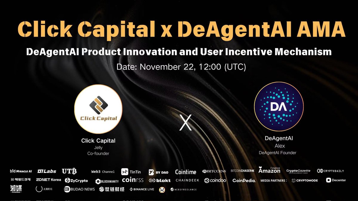 Click Capital x DeAgentAI AMA 💫

💬 Topic: DeAgentAI Product Innovation and User Incentive Mechanism
🕐 Date: November 22, 12: 00 pm (UTC)
🔗 Space: x.com/i/spaces/1dRKZ…

Host: <a href="/Jellyweb3/">Jenni</a> <a href="/Celiaweb3/">Celia</a>
Speaker: <a href="/DeAgentAI/">DeAgentAI</a>

🎁 Reward: $10 USDT *5
RT &amp; Like
Follow <a href="/Click_Web3/">Click Labs</a>