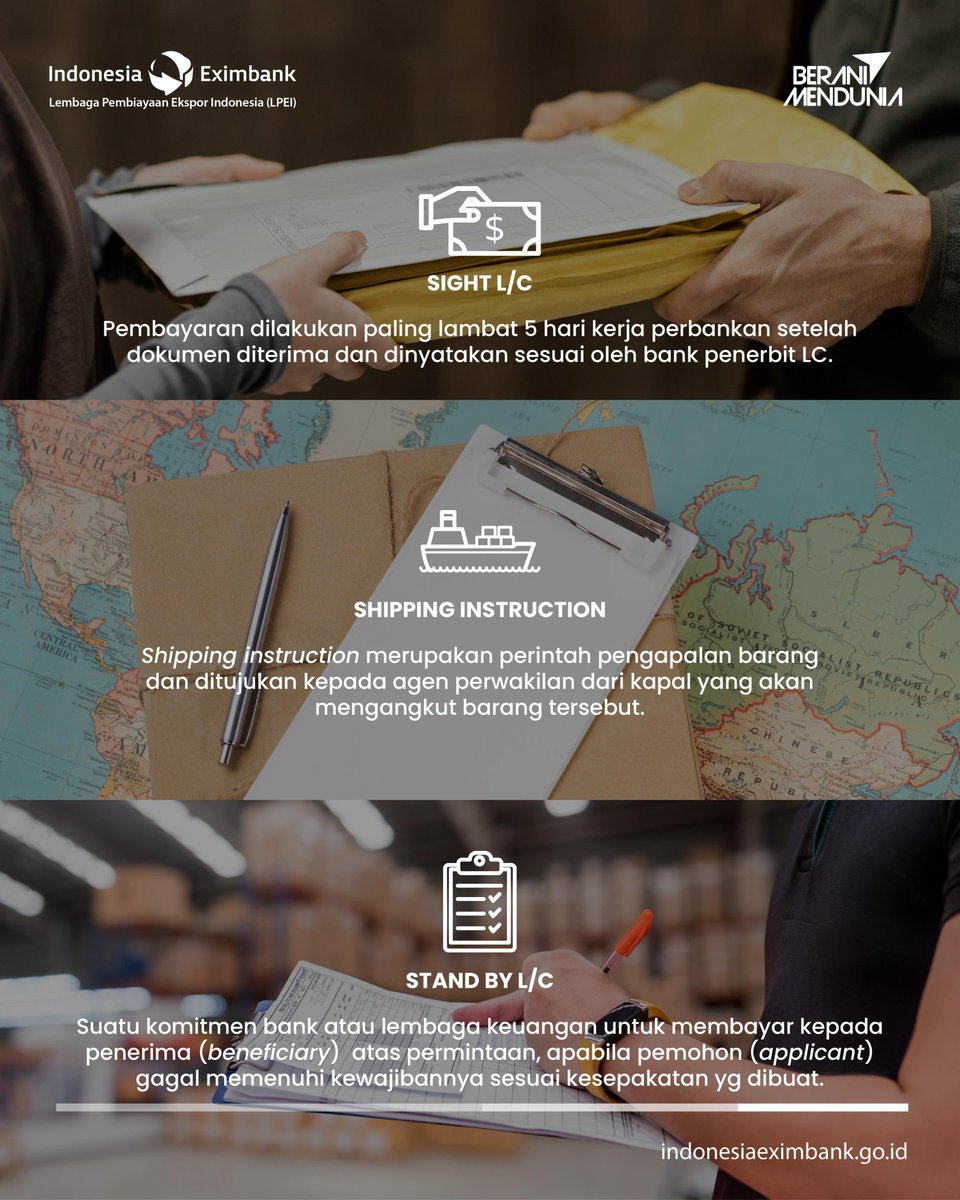 #SahabatEkspor, pernah dengar istilah sight L/C, Shipping Instruction &amp; stand by L/C? 

Yuk, mari kita pelajari ketiga istilah ini apalagi buat kamu yang sedang merintis bisnis ekspor. 

#LPEI
#IndonesiaEximbank
#Eksporpedia