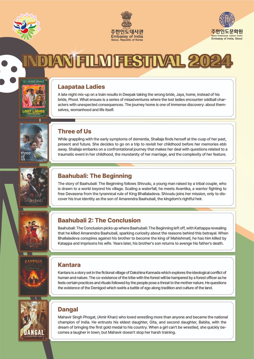 The Embassy of India, Seoul, presents the 12th edition of the Indian #Film Festival in partnership with Korean Film Archive (#KOFA) in #Seoul from November 26 – 30, 2024. Get ready to experience...