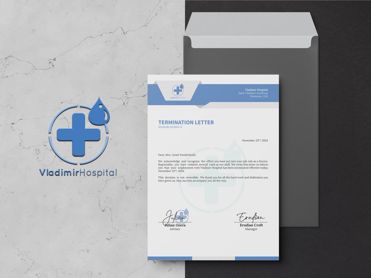 ㅤ
TERMINATION LETTER.

Dearest <a href="/precsso/">Liesel.</a>,
 
We regretfully inform you that your employment has been terminated today ( November 22nd, 2024 ). We wish you the best in your future endeavors.

Cc. <a href="/Sir_JOzera/">Jo.</a> <a href="/Lead_RCroft/">Erudian</a> <a href="/VladimirDatum/">𝐃𝐚𝐭𝐮𝐦</a>
ㅤ