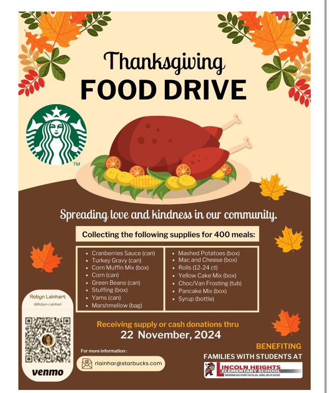 SpectrumEmp's tweet photo. Reminder:
Spectrum Empowerment is partnering with Starbucks this Thanksgiving to bring holiday meals to families at Lincoln Heights Elementary

Bring your non-perishable items to Spectrum Empowerment Tennis event on Friday, Nov 22, and let’s “fill the tennis court” with donations https://t.co/5yWEBjHho7