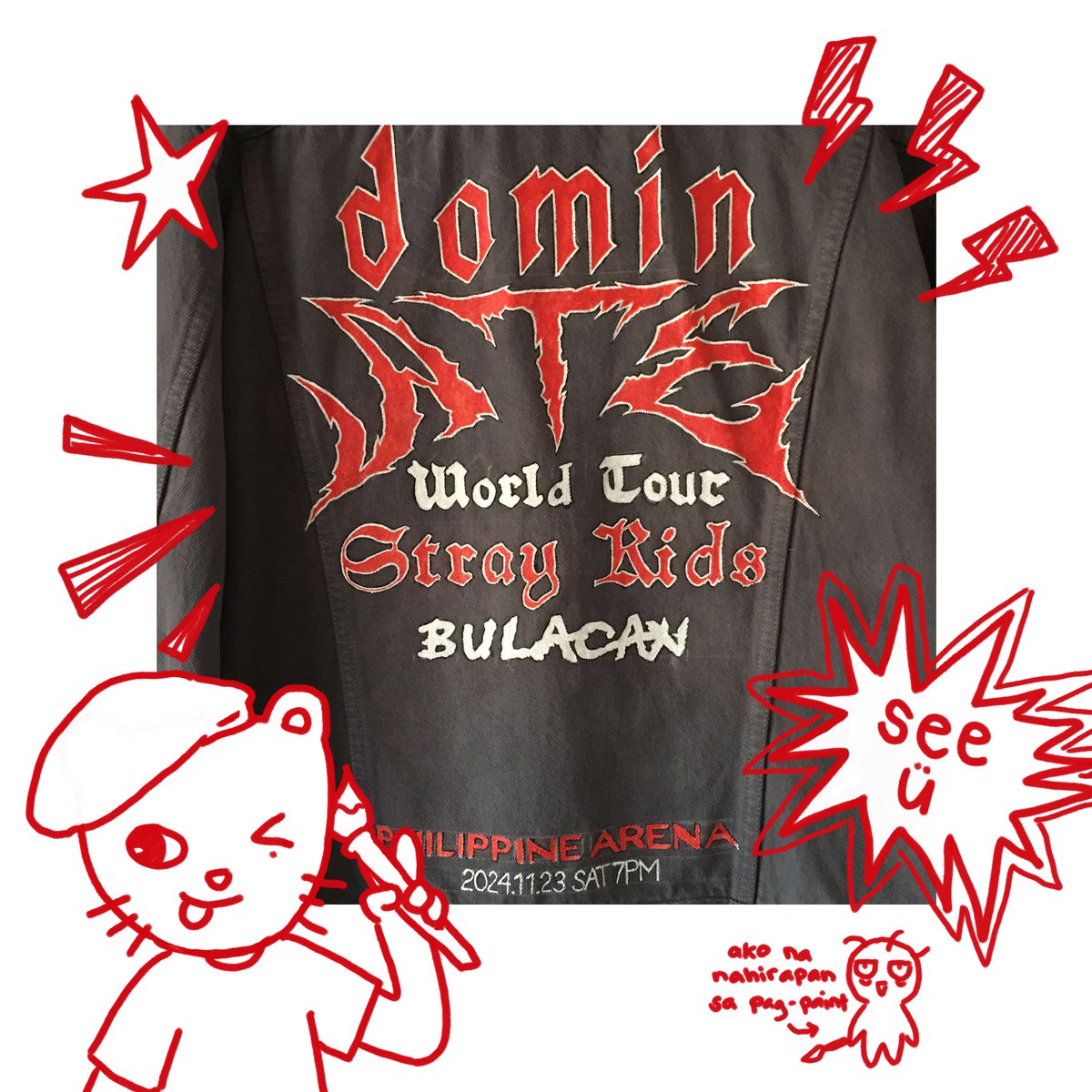 my concert fit may be a bit underwhelming but i'm really proud of myself for painting this at the back of the denim jacket which i'll wear🥹 it was so hard painting the small corners and small letters again and again........in the end, it turned out pretty good! #dominATE_BULACAN