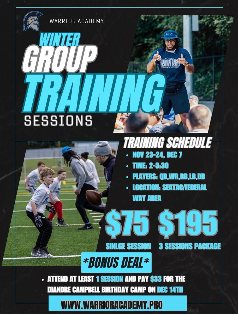Di'Andre Campbell (@campbellboydre) on Twitter photo 🚨 <a href="/WarriorWrAcad/">Warrior Academy</a> Winter Training Sat & Sun! 🚨
1.5-hour sessions focused on:
Position-Specific Skills (QBs, WRs, RBs, DBs, LBs)
Speed & Agility, Football IQ
Dates: Nov 23, Nov 24, Dec 7
Time: 2-3:30 PM
SeaTac to Federal Way
Register now: warrioracademy.pro 🚨 <a href="/WarriorWrAcad/">Warrior Academy</a> Winter Training Sat & Sun! 🚨
1.5-hour sessions focused on:
Position-Specific Skills (QBs, WRs, RBs, DBs, LBs)
Speed & Agility, Football IQ
Dates: Nov 23, Nov 24, Dec 7
Time: 2-3:30 PM
SeaTac to Federal Way
Register now: warrioracademy.pro