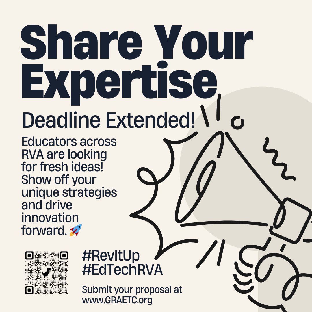 Submit your proposal for EdTechRVA 2025 by December 1st - Let's Rev It Up! Go to graetc.org/edtechrva-2025… for more information and to submit your proposal! #RevItUp #EdTechRVA