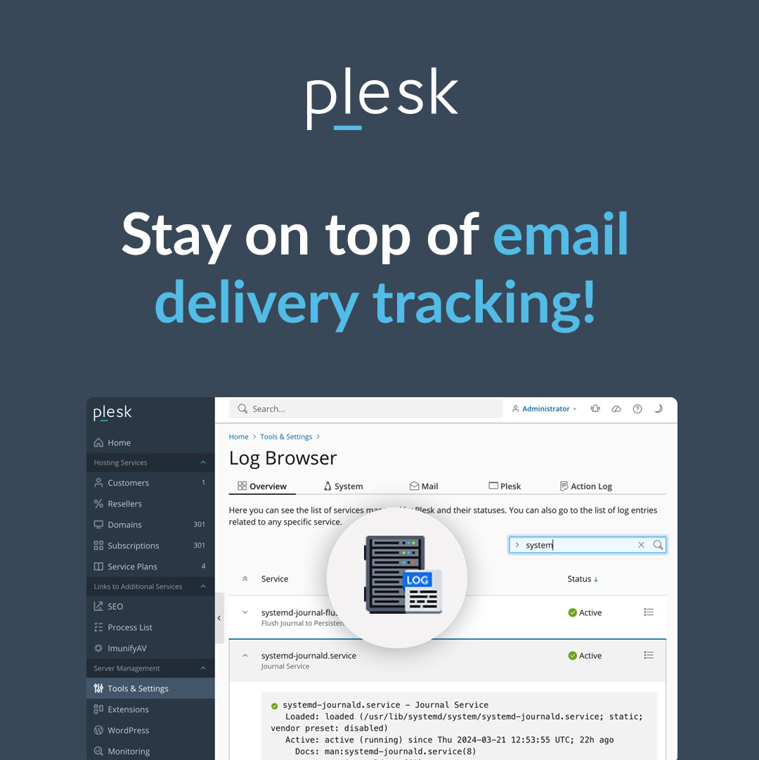Plesk's tweet image. Email delivery tracking just got easier with the Plesk Log Browser Extension! 📧 Track delivery, manage deferred emails, and troubleshoot faster under the Mail tab.

Install the extension: 
🔗 plesk.com/extensions/log… 
#Plesk #LogBrowser #EmailTracking