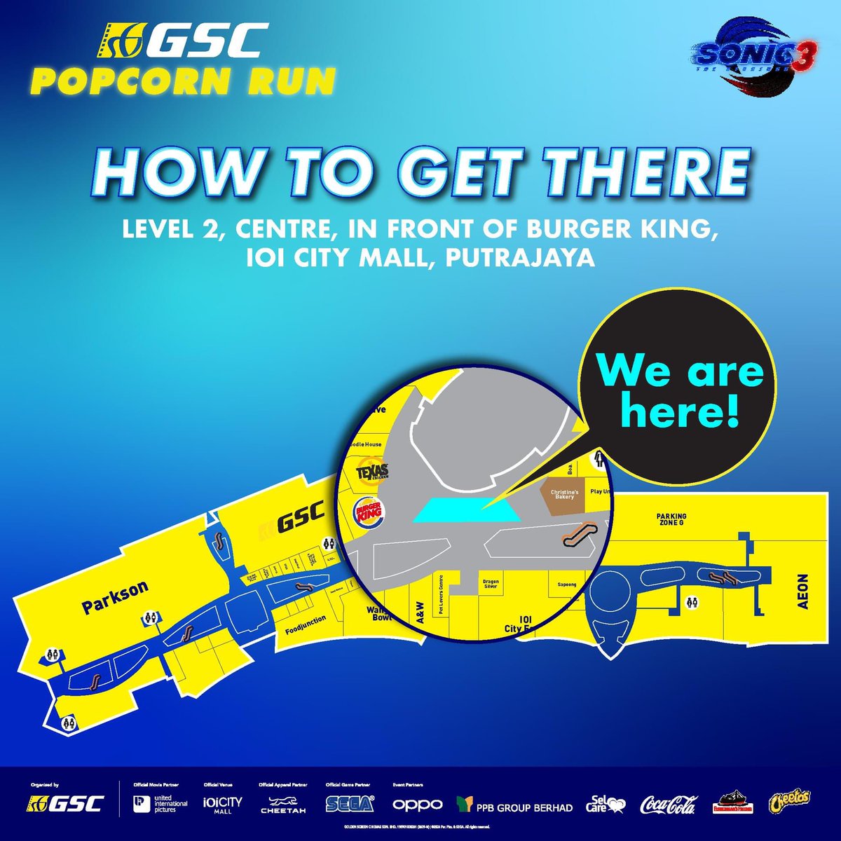 GSCinemas's tweet photo. ❗ Attention to all #GSCPopcornRun participants❗It's time to collect your race pack for our ultimate #SonicMovie3-themed marathon run! 😍 

Remember to bring your QR code & IC for redemption! 😉

Race Pack Collection:

🗓️ Date: 29-30 November 2024 (Friday & Saturday)
⏰ Time: 10:00 AM - 8:00 PM
➡️ Location: Level 2, Centre, In Front Of Burger King at IOI City Mall, Putrajaya 

Mark your calendars now, and we'll see you soon! 😉

#Sonic3 #SonicTheHedgehog3 #GSCPopcornRun2024