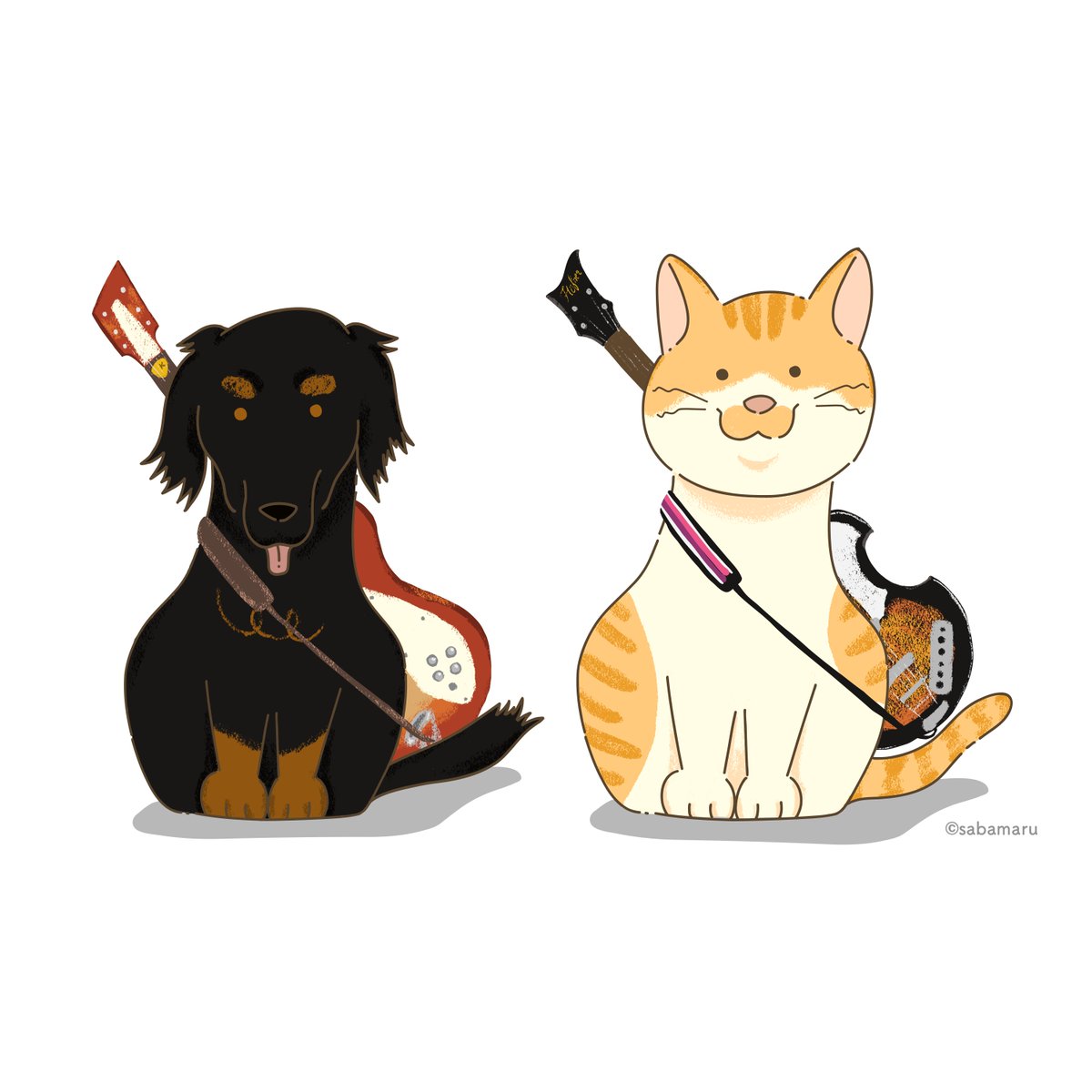 ギターをもったにゃんことわんこ😺🐶