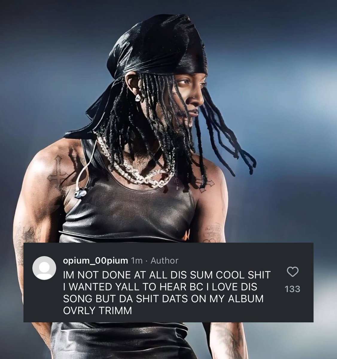 Kurrco's tweet photo. Playboi Carti says he's "not done at all" 👀

“IM NOT DONE AT ALL DIS SUM COOL SH*T I WANTED YALL TO HEAR BC I LOVE DIS SONG BUT DA SH*T DATS ON MY ALBUM OVERLY TRIMM”