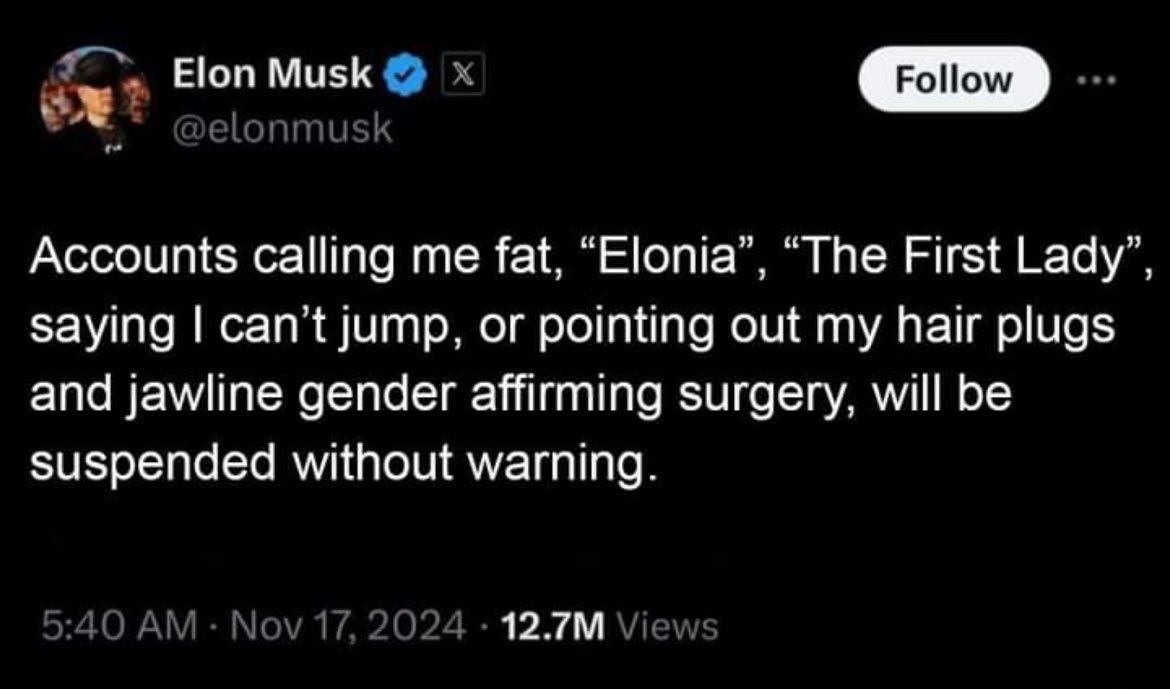 PlaidRat's tweet photo. Elonis is fat, can’t jump, has hair plugs and has had jawline gender affirming surgery. 

Go ahead, help me break the cycle of using this app, you thin-skinned ponce. https://t.co/GfXMr9Ue1T