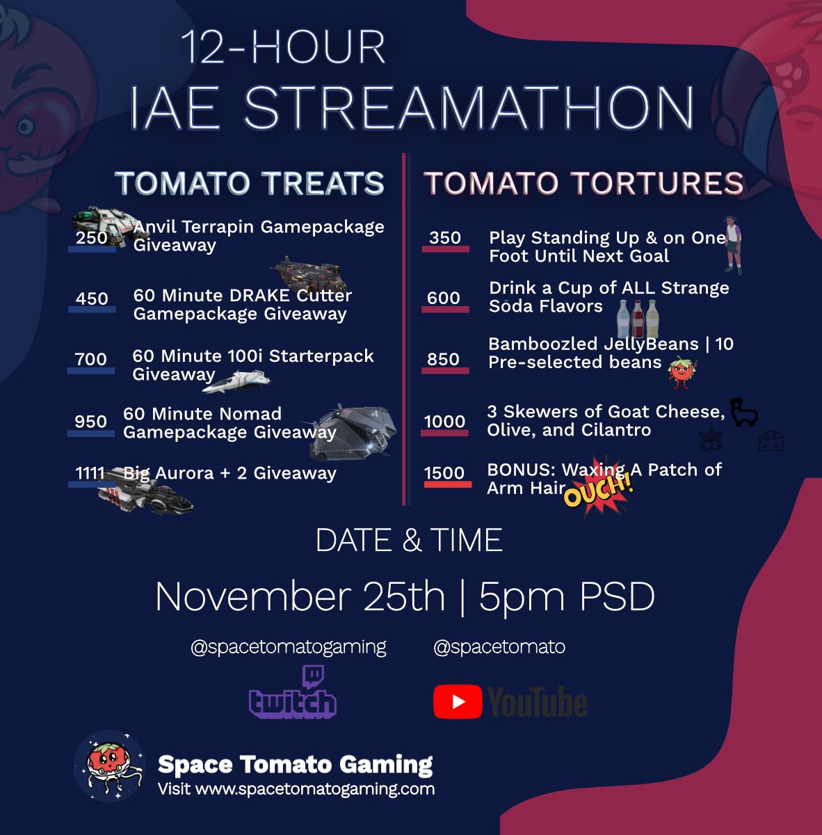 SpaceTomatoGG's tweet photo. It's #IAE2954 season! 

That means a new streamathon is upon us. As always, @mrstomatosays and @TheGardenOrg have put together a good list of tortures to compliment our 12 hours of #StarCitizen 3.24.3 and 4.0 gameplay, discussion, & giveaways next week on Monday.

See you there!