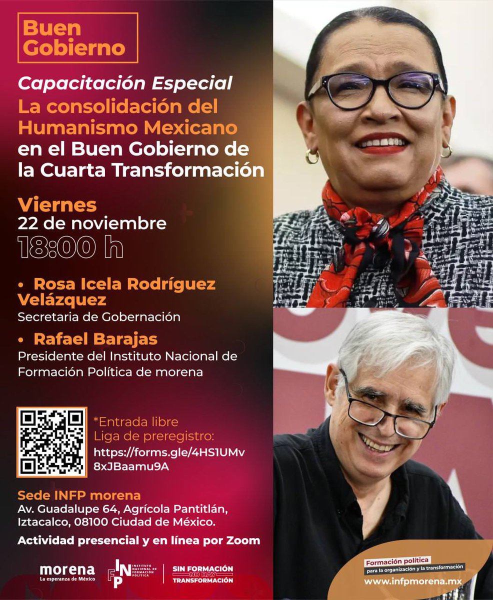 Capacitación Especial Presencial  “La consolidación del Humanismo Mexicano en el Buen Gobierno de la Cuarta Transformación”

🗓 22 de noviembre
🔜 Hora: 18:00
📍 Auditorio del <a href="/infpmorena/">INFP Morena</a> (Av. Guadalupe 64, Agrícola Pantitlán 08100)

Nos acompañan:
<a href="/rosaicela_/">Rosa Icela Rodríguez Velázquez</a>
<a href="/fisgonmonero/">Rafael Barajas</a>