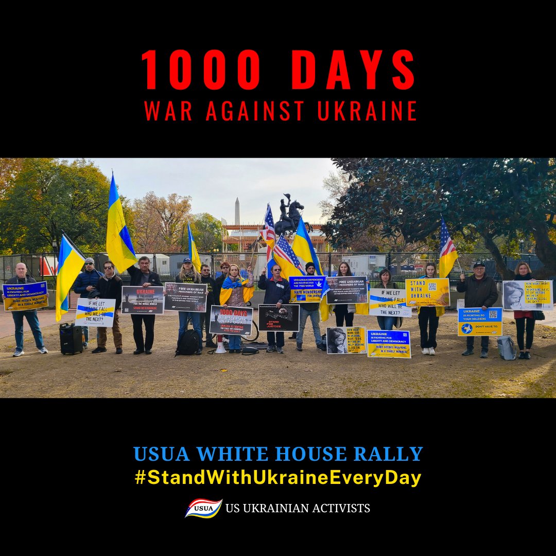 USUA_Activists's tweet photo. Thank you to all who joined us on Sun/November 17, at the White House, as we approached the 1,000th day of Ukraine’s heroic fight against russia’s genocidal full-scale war.
Photos: https://t.co/oTGtH55vyK
https://t.co/ek9SywSn1X
#HelpUkraineDefendItself #Ukraine #1000DaysOfWar https://t.co/NoaBesKeVd