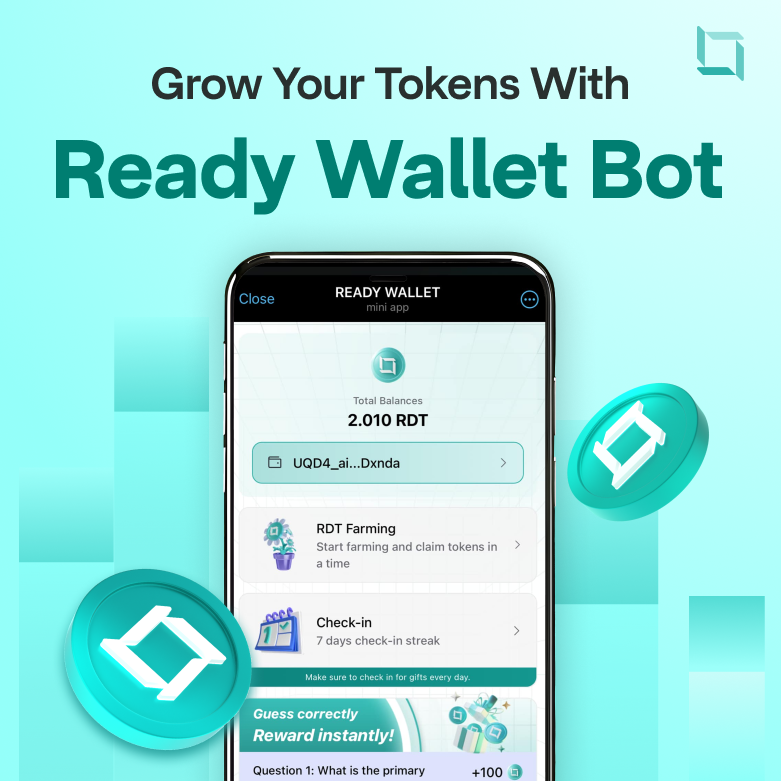 goreadyio's tweet photo. 🌱 Are you Ready? Grow Your Tokens with Ready Wallet Bot

💡 READY is here! A brand-new way to trade tokens directly on Telegram. We’ve made it fun, rewarding, and social with a gamified experience!

👉 Join now: https://t.co/cmMDj9Ol1C

🌾 Plant & Grow Your Tokens: Plant seeds to earn $RDT every few hours. The more you take care of your plants, the more tokens you’ll harvest!

🔥 Start Today & Unlock Rewards:

- Earn $RDT based on the age of your Telegram account
- Complete tasks to get amazing rewards are waiting for you
- Early birds will grab the coolest prizes first

👀 Your token journey starts here. Fun, rewards, and growth await now!