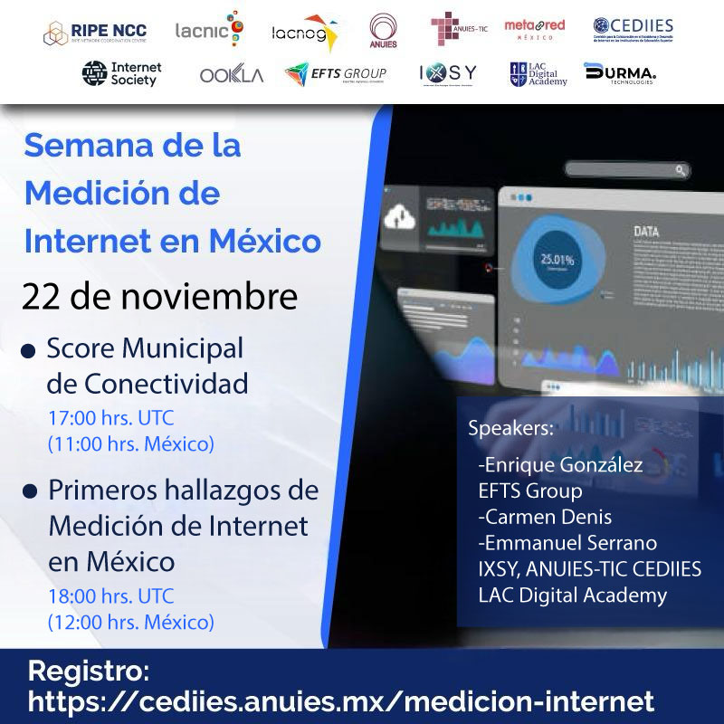 📊🌐 ¡Únete al Webinar: Score Municipal de Conectividad basados en datos másivos de medición de Internet! 🚀 

 22 de noviembre , 11:00 h (hora de México).

📍 Regístrate ahora en 👉 cediies.anuies.mx/medicion-inter… y descubre las herramientas clave para transformar la conectividad. 🌍📡