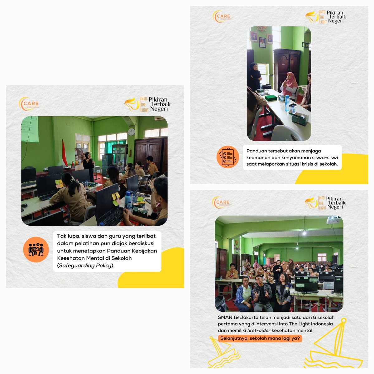 Program CARE hadir di SMAN 19 Jakarta. Terbentuk 20 siswa sebagai Peer Ambassador dan 3 guru sebagai Peer Companion. Pelatihan diharapkan mewujudkan sekolah yg peduli dan mendukung kesehatan mental. Selengkapnya ada di s.id/programcare2024.
#ITLforCARE #CARETogether