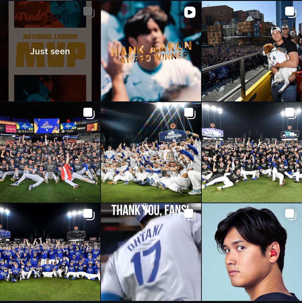 DaMookShow's tweet photo. Shohei Ohtani’s last 8 Instagram posts: 50/50, NL West Champs, NLDS Win, NLCS win, WS win, Parade/Stadium Celebration, Hank Aaron Award, MVP Award. Generational Stuff https://t.co/w3yy70HkZ1