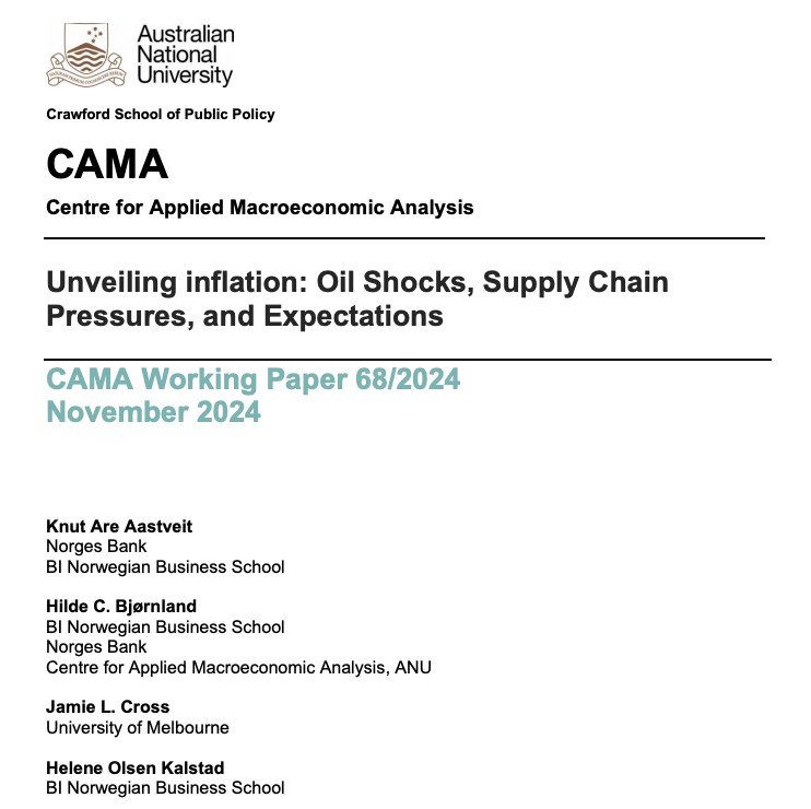 New CAMA working paper (Vol: 68/2024): ‘Unveiling inflation: Oil Shocks, Supply Chain Pressures, and Expectations’, by Knut Are Aastveit <a href="/NorgesBank/">Norges Bank</a>, <a href="/HCBjornland/">Hilde C. Bjørnland</a> <a href="/CAMP_BI/">CAMP BI</a>, Jamie L. Cross <a href="/UniMelb/">University of Melbourne</a>, Helene Olsen Kalstad <a href="/HandelshoyskBI/">Handelshøyskolen BI</a>

 bit.ly/3V3i6DG

<a href="/ANUCrawford/">ANU Crawford School of Public Policy</a>