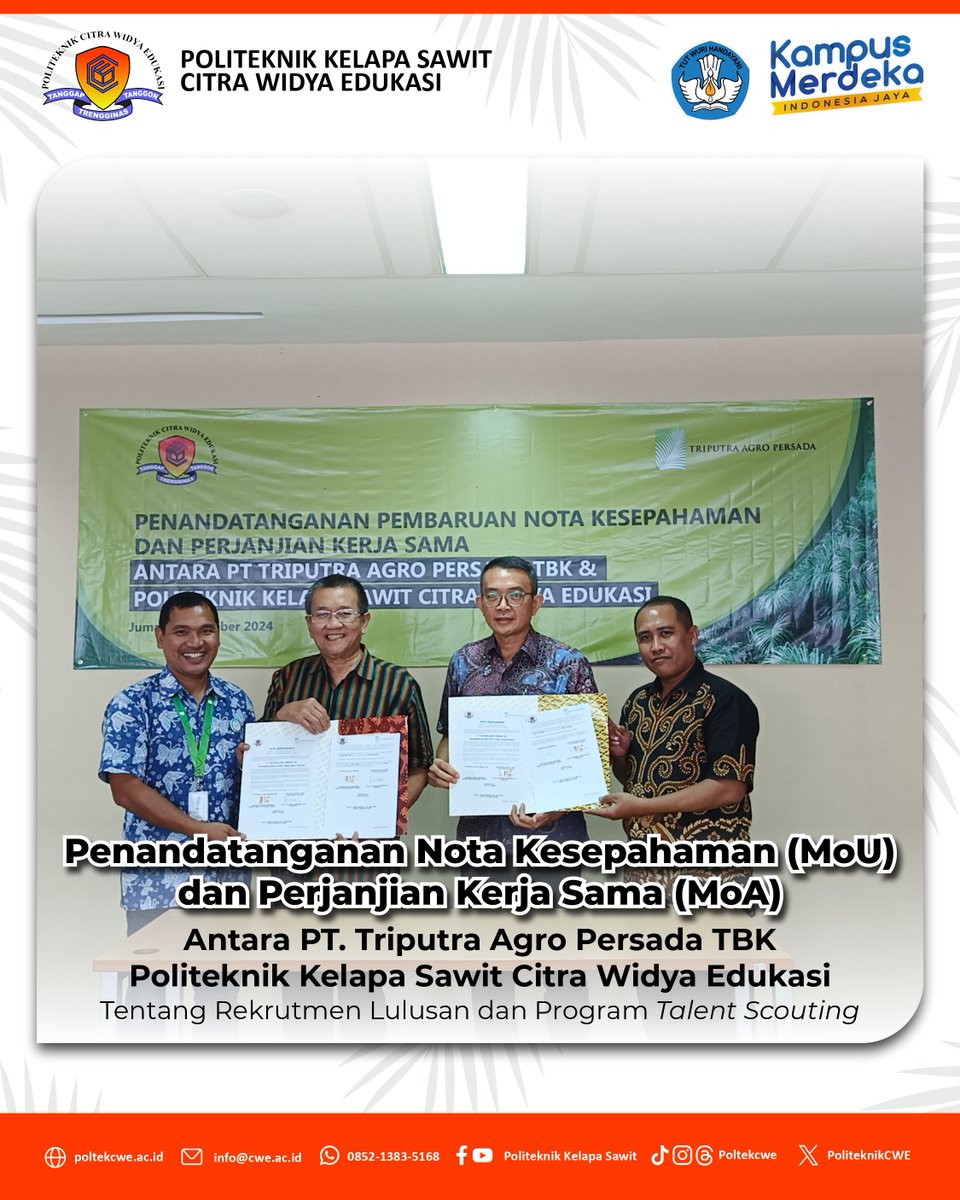 poltekcwe_'s tweet photo. Hai ! #SobatCWE 👨🏻‍🎓👩🏻‍🎓

Politeknik Kelapa Sawit Citra Widya Edukasi dengan PT. Triputra Agro Persada Tbk yang telah melakukan Pembaruan Penandatanganan Nota Kesepahaman (MoU), Perjanjian Kerja Sama (MoA).
#politeknik #poltek #poltekcwe #kampusmerdeka #kampusindonesia #kampus https://t.co/xG0T2x9bHX