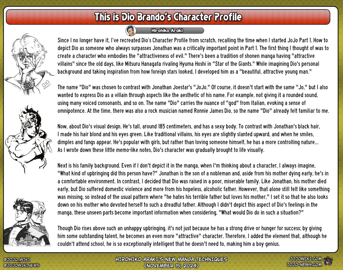 jojo_wiki's tweet image. Hirohiko Araki's explanation of most of Dio Brando's Character Profile sheet
- From Hirohiko Araki's New Manga Techniques (November 15, 2024)